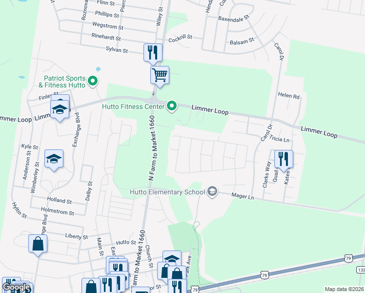 map of restaurants, bars, coffee shops, grocery stores, and more near 210 Rochester Lane in Hutto