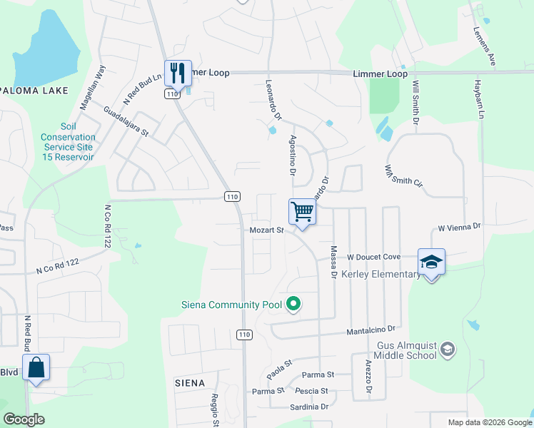 map of restaurants, bars, coffee shops, grocery stores, and more near 5818 Aviano Road in Round Rock