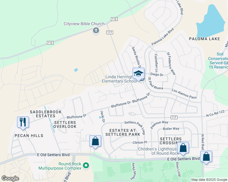 map of restaurants, bars, coffee shops, grocery stores, and more near 150 Tate Lane in Round Rock