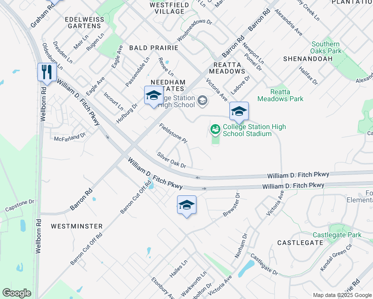 map of restaurants, bars, coffee shops, grocery stores, and more near 247 Fieldstone Place in College Station