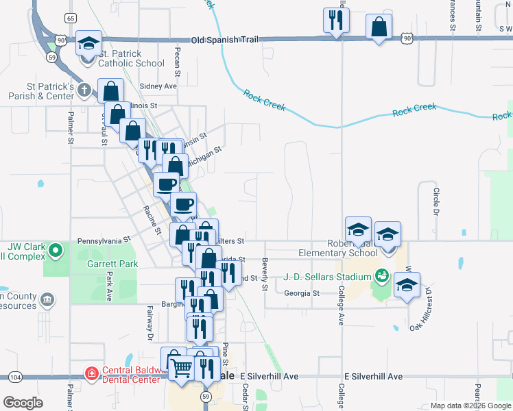 map of restaurants, bars, coffee shops, grocery stores, and more near 22750 Mattingly Street in Robertsdale