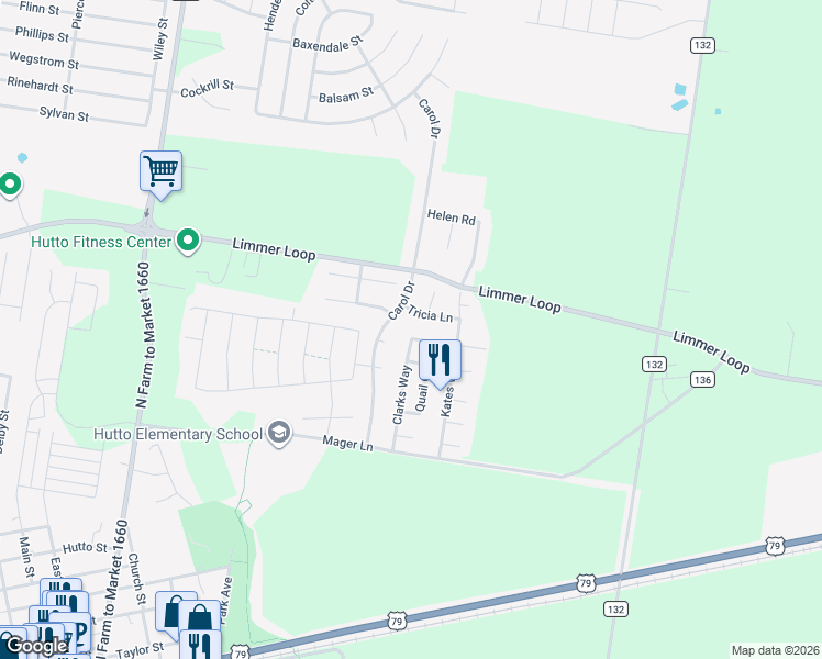 map of restaurants, bars, coffee shops, grocery stores, and more near 411 Clarks Way in Hutto