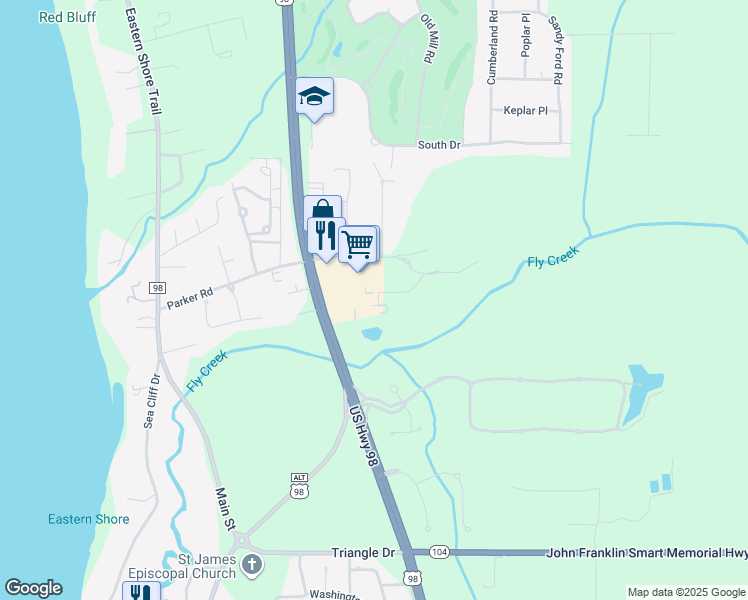 map of restaurants, bars, coffee shops, grocery stores, and more near 300 Fly Creek Avenue in Fairhope