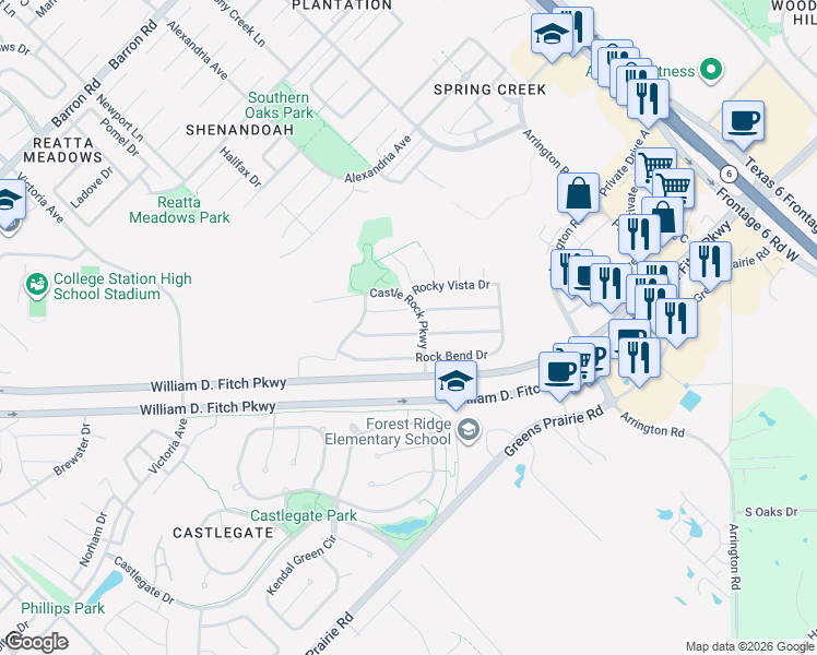 map of restaurants, bars, coffee shops, grocery stores, and more near 4241 Rocky Rhodes Drive in College Station