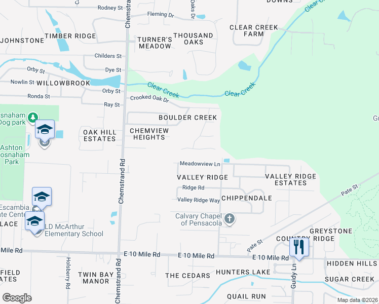 map of restaurants, bars, coffee shops, grocery stores, and more near 821 Shadow Ridge Drive in Pensacola