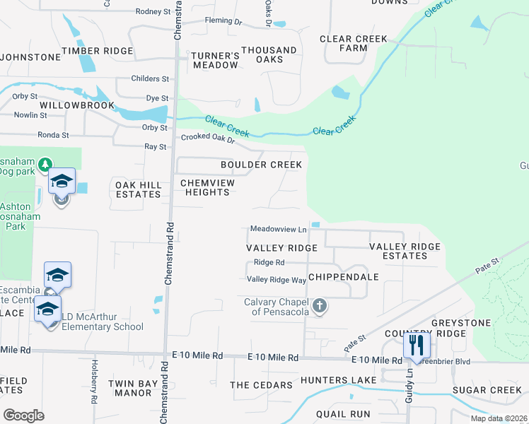 map of restaurants, bars, coffee shops, grocery stores, and more near 821 Shadow Ridge Drive in Pensacola