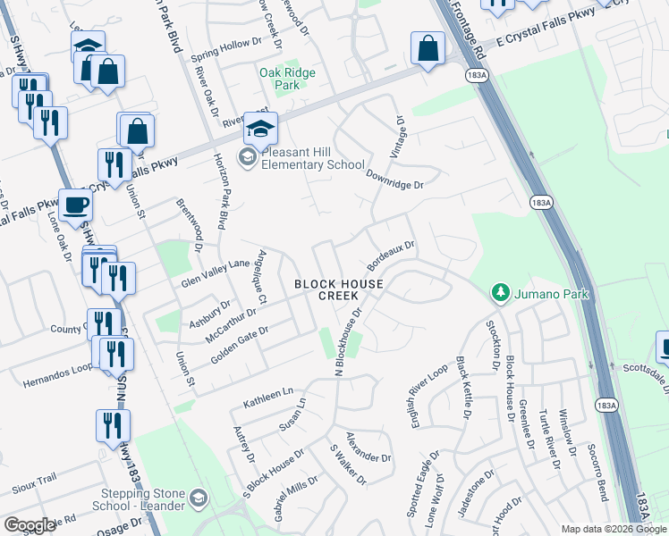 map of restaurants, bars, coffee shops, grocery stores, and more near 3305 Napa Valley Bend in Leander