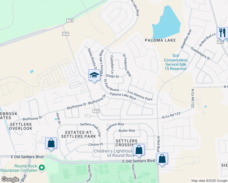 map of restaurants, bars, coffee shops, grocery stores, and more near 2808 Saint Paul Rivera in Round Rock