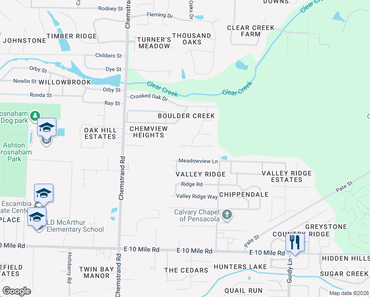 map of restaurants, bars, coffee shops, grocery stores, and more near 821 Shadow Ridge Drive in Pensacola