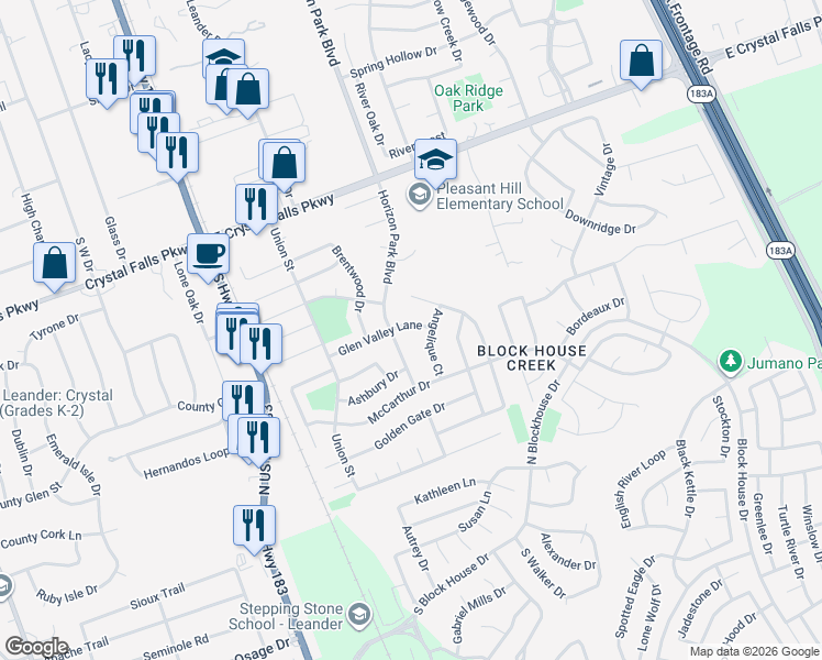 map of restaurants, bars, coffee shops, grocery stores, and more near 508 Glen Valley Lane in Leander
