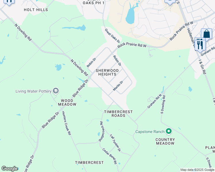map of restaurants, bars, coffee shops, grocery stores, and more near 12959 Robin Drive in College Station