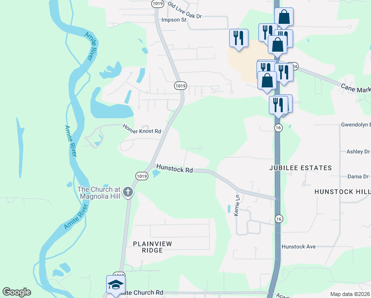 map of restaurants, bars, coffee shops, grocery stores, and more near 7441 Hunstock Road in Denham Springs