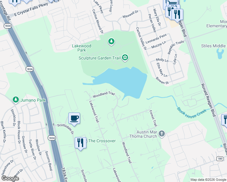 map of restaurants, bars, coffee shops, grocery stores, and more near 140 Woodland Trail in Leander