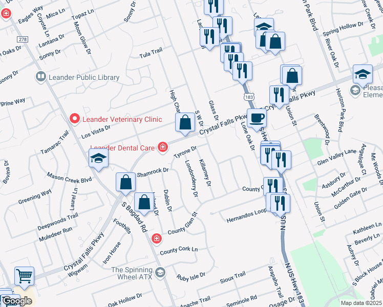 map of restaurants, bars, coffee shops, grocery stores, and more near 502 Tyrone Drive in Leander