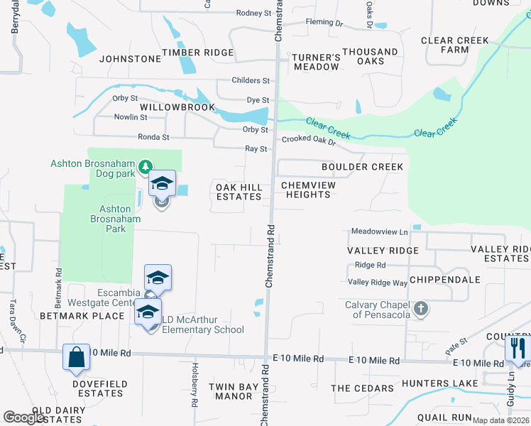 map of restaurants, bars, coffee shops, grocery stores, and more near 10853 Chemstrand Road in Pensacola