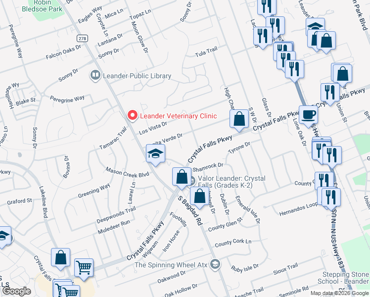 map of restaurants, bars, coffee shops, grocery stores, and more near 1606 Carto Street in Leander