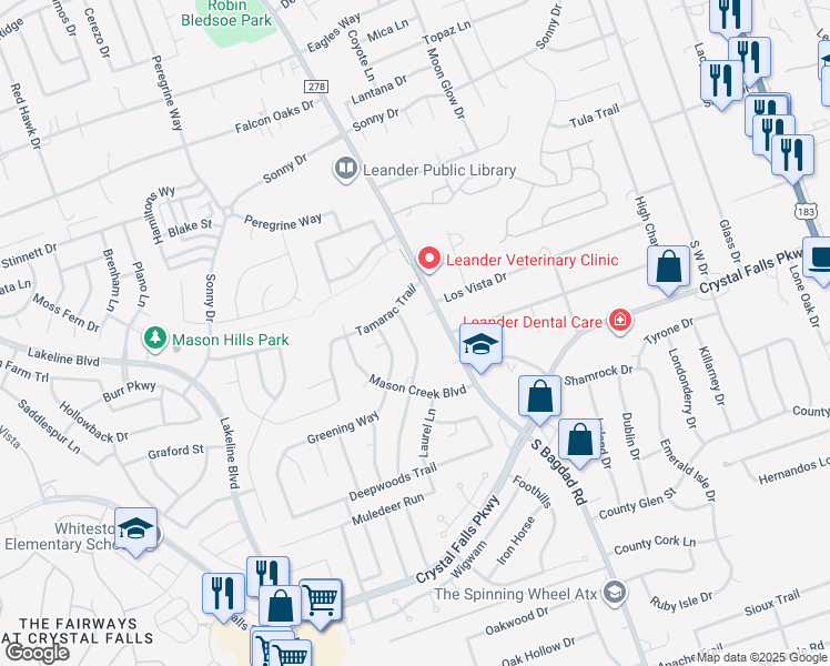 map of restaurants, bars, coffee shops, grocery stores, and more near 1512 Parkwood Drive in Leander