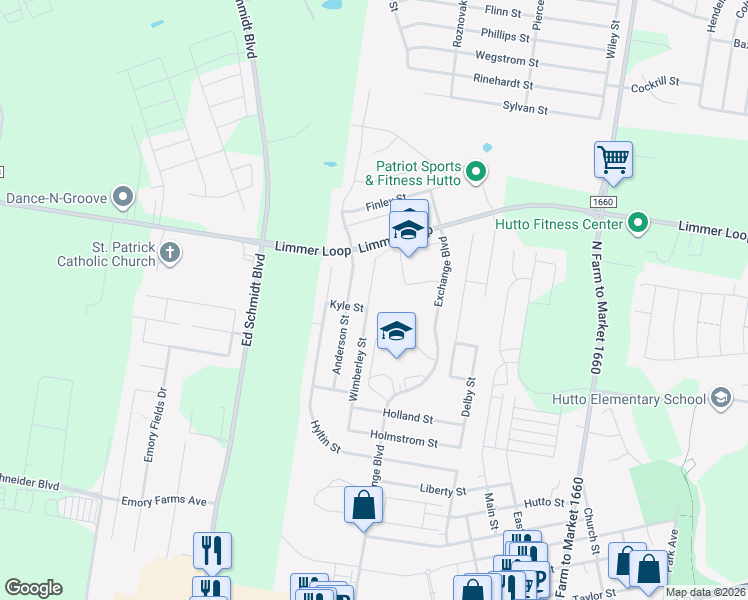 map of restaurants, bars, coffee shops, grocery stores, and more near 404 Wimberley Street in Hutto