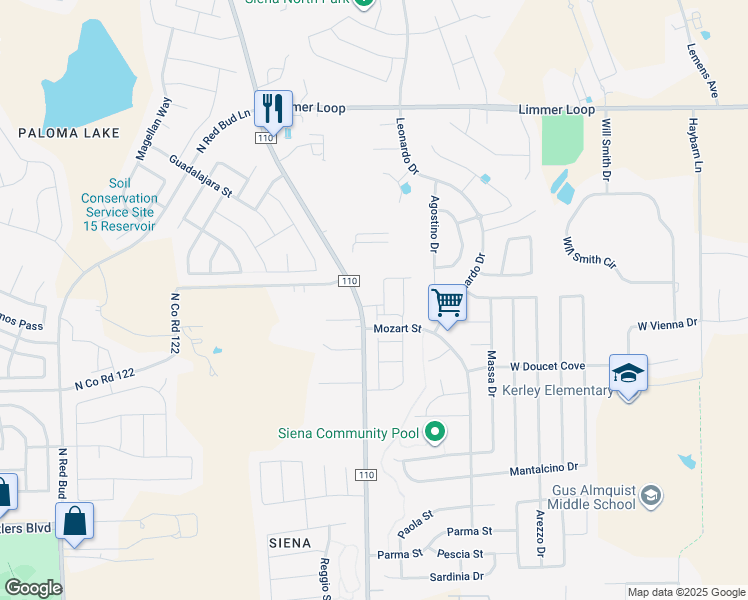 map of restaurants, bars, coffee shops, grocery stores, and more near 5818 Aviano Road in Round Rock