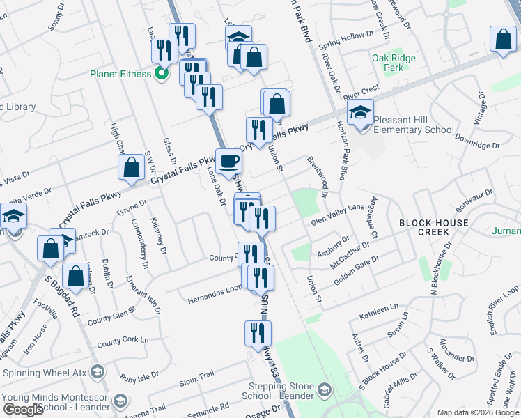 map of restaurants, bars, coffee shops, grocery stores, and more near 100 Presidio Drive in Leander