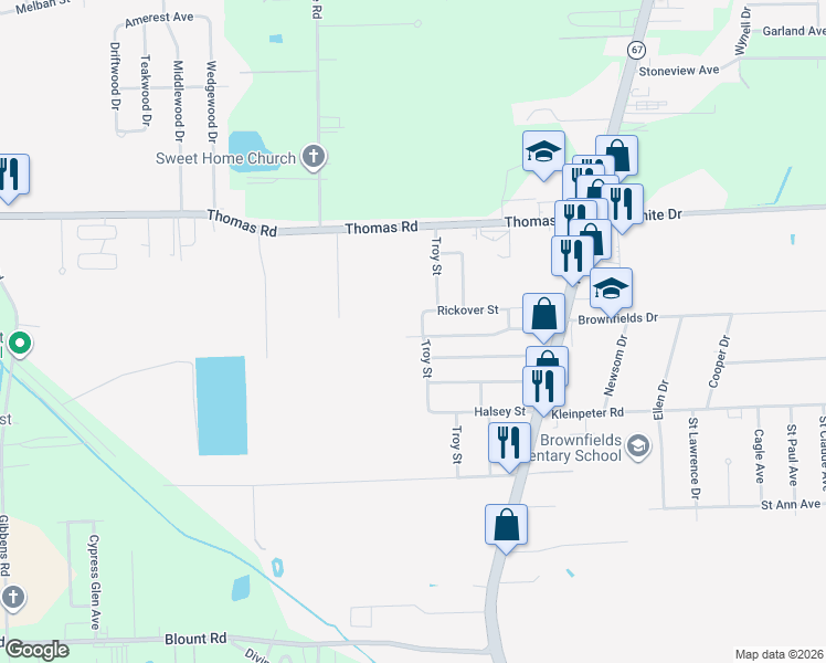 map of restaurants, bars, coffee shops, grocery stores, and more near 12021 Troy Street in Baton Rouge
