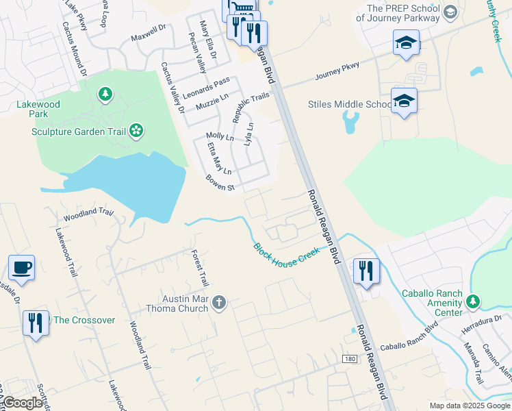 map of restaurants, bars, coffee shops, grocery stores, and more near 14951 Ronald Reagan Boulevard in Leander