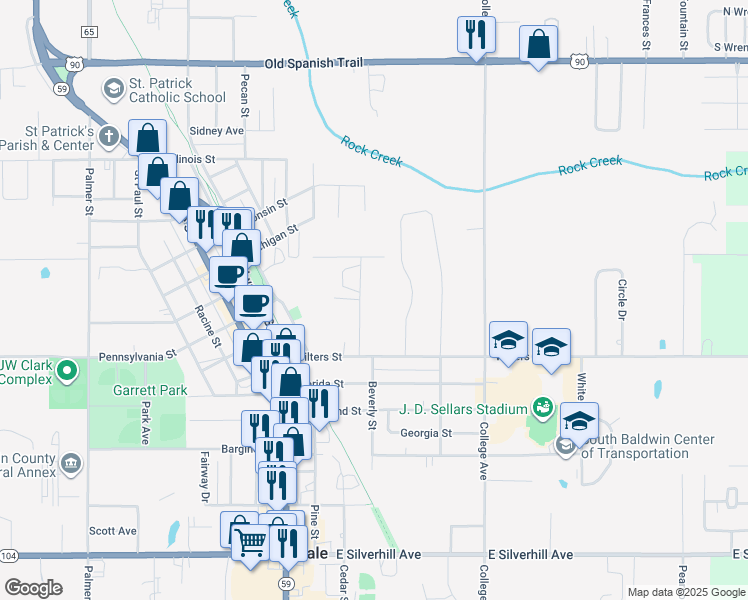 map of restaurants, bars, coffee shops, grocery stores, and more near 22750 Mattingly Street in Robertsdale