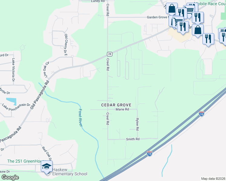 map of restaurants, bars, coffee shops, grocery stores, and more near 6557 Creel Road in Theodore