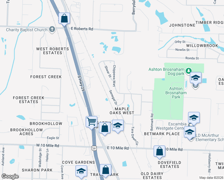 map of restaurants, bars, coffee shops, grocery stores, and more near 10548 Senegal Drive in Pensacola