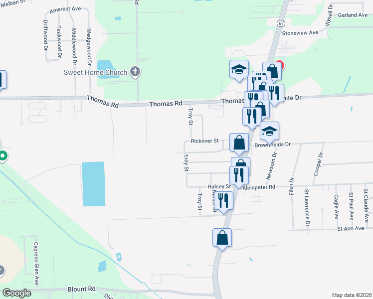 map of restaurants, bars, coffee shops, grocery stores, and more near 12022 Troy Street in Brownfields