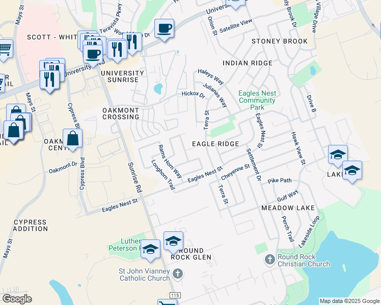 map of restaurants, bars, coffee shops, grocery stores, and more near 1405 Short Horn Cove in Round Rock
