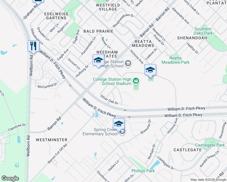map of restaurants, bars, coffee shops, grocery stores, and more near 201 Simi Drive in College Station