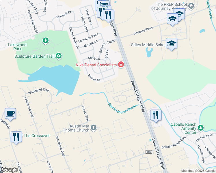 map of restaurants, bars, coffee shops, grocery stores, and more near 2501 Niles Dr in Leander