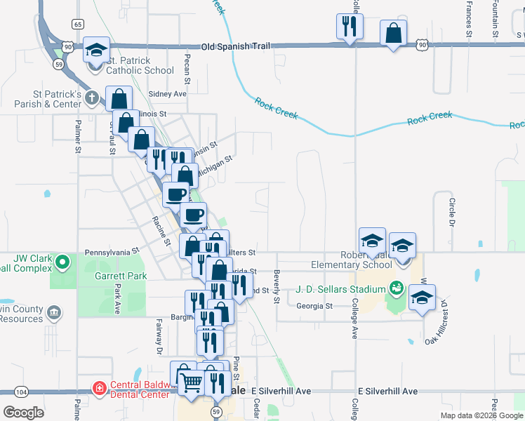 map of restaurants, bars, coffee shops, grocery stores, and more near 22750 Mattingly Street in Robertsdale