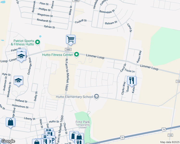 map of restaurants, bars, coffee shops, grocery stores, and more near 124 Harlan Drive in Hutto