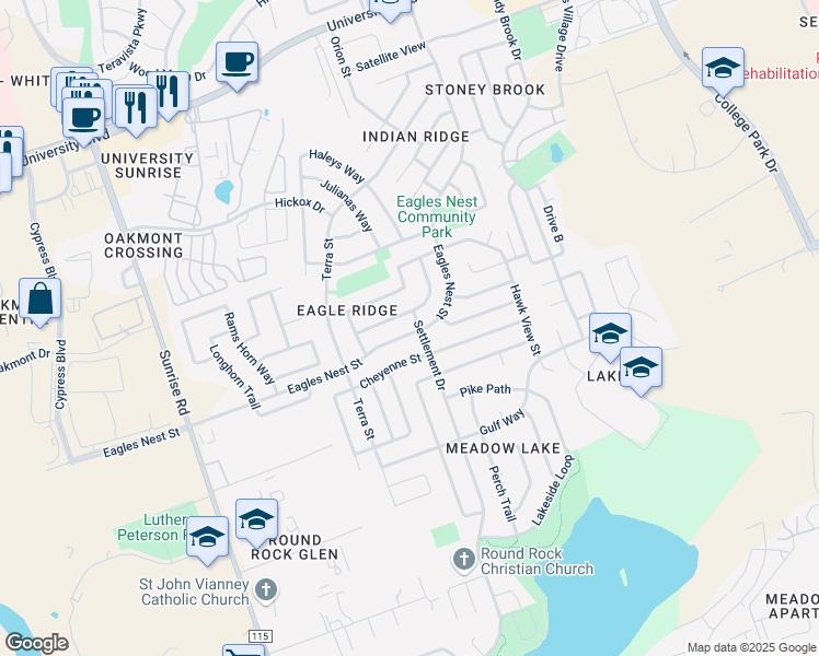 map of restaurants, bars, coffee shops, grocery stores, and more near 3622 Eagles Nest Street in Round Rock