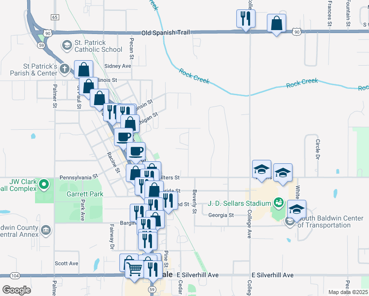 map of restaurants, bars, coffee shops, grocery stores, and more near 22750 Mattingly Street in Robertsdale