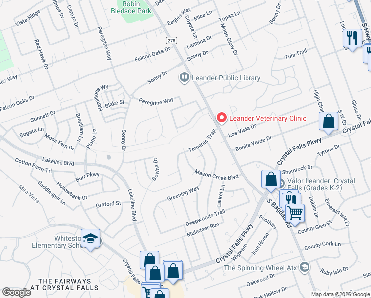 map of restaurants, bars, coffee shops, grocery stores, and more near 1311 Tamarac Trail in Leander