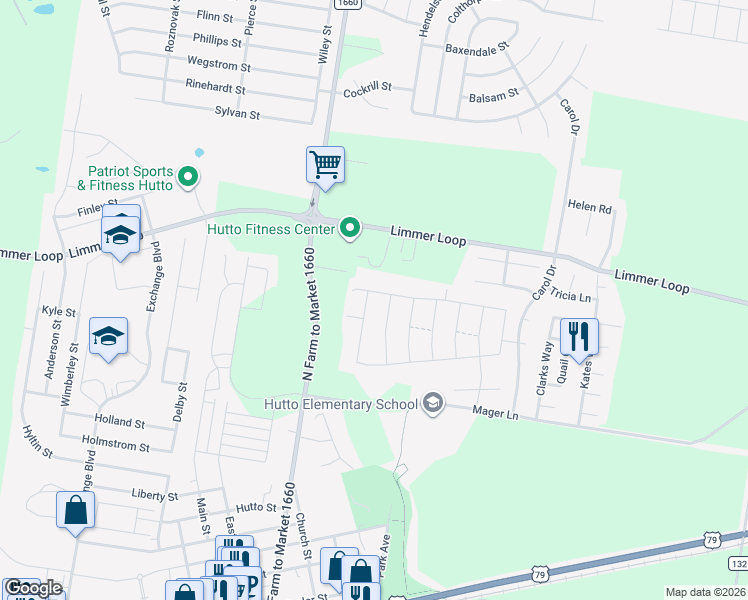 map of restaurants, bars, coffee shops, grocery stores, and more near 210 Rochester Lane in Hutto