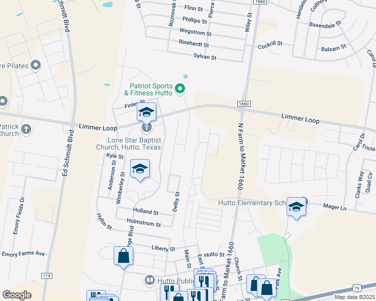 map of restaurants, bars, coffee shops, grocery stores, and more near 100 Adriana Lane in Hutto