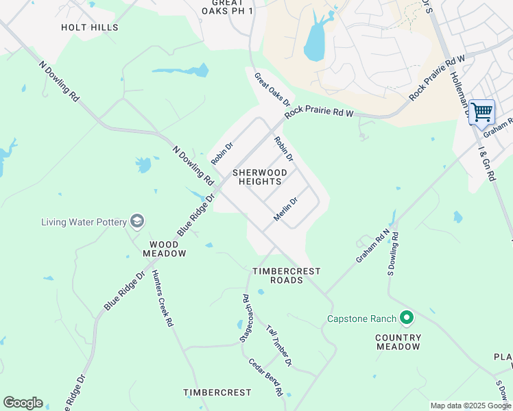 map of restaurants, bars, coffee shops, grocery stores, and more near 12959 Robin Drive in College Station