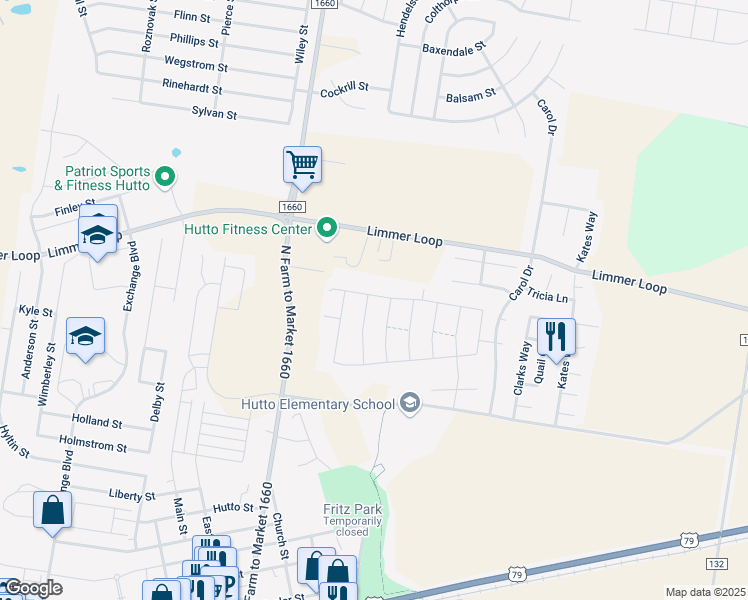 map of restaurants, bars, coffee shops, grocery stores, and more near 124 Harlan Drive in Hutto