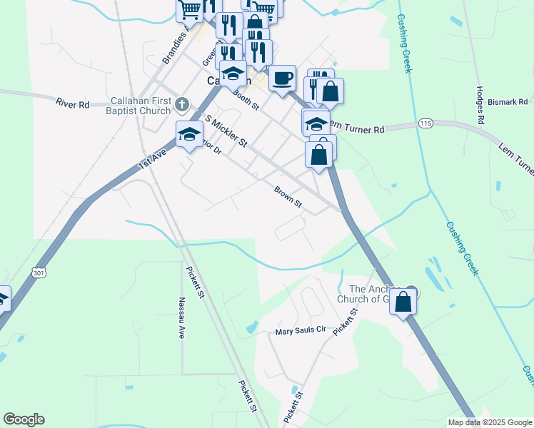 map of restaurants, bars, coffee shops, grocery stores, and more near 45171 Brown Street in Callahan