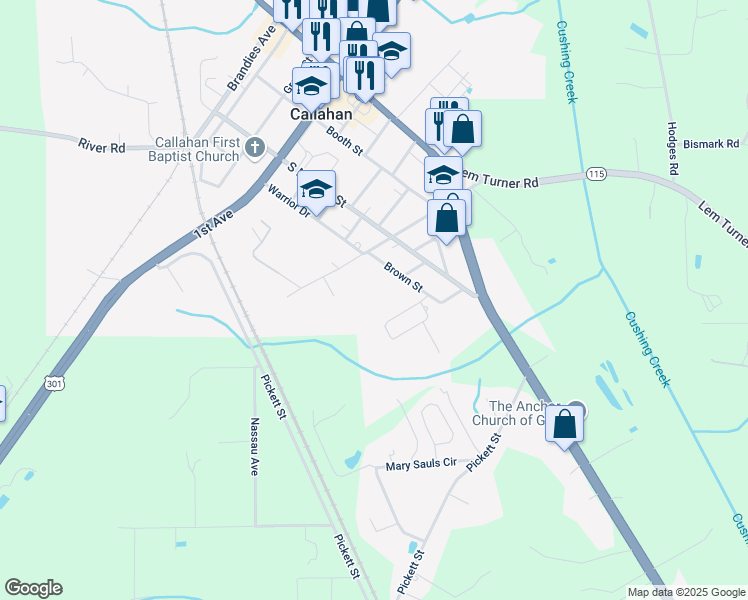 map of restaurants, bars, coffee shops, grocery stores, and more near 45171 Brown Street in Callahan