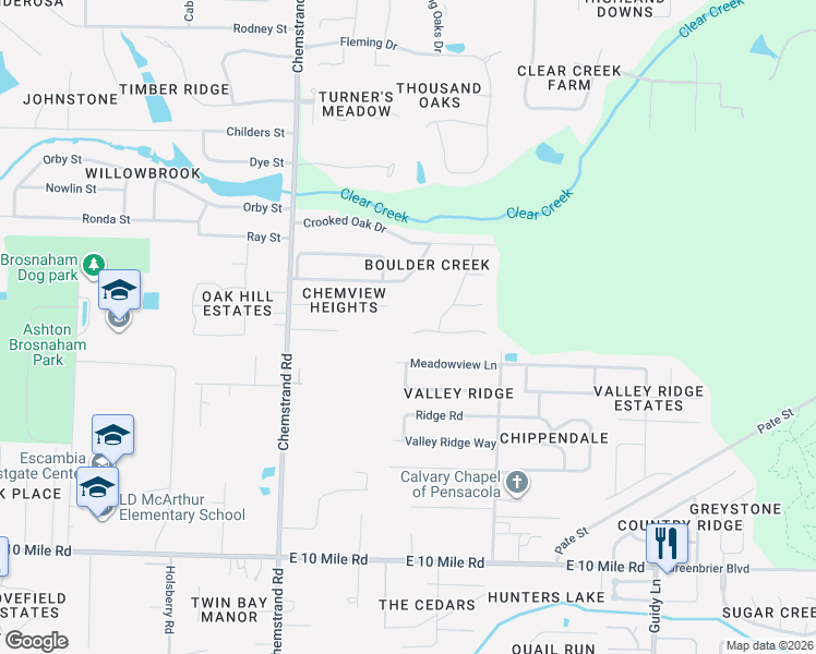 map of restaurants, bars, coffee shops, grocery stores, and more near 821 Shadow Ridge Drive in Pensacola