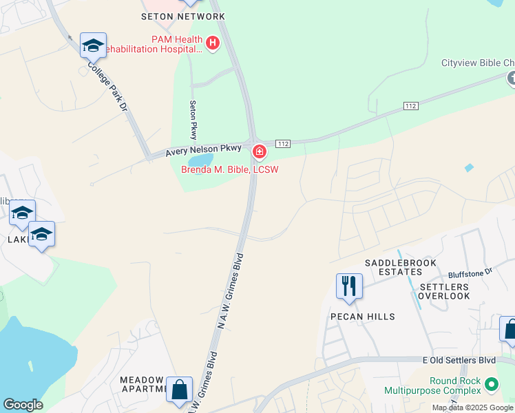 map of restaurants, bars, coffee shops, grocery stores, and more near 3517-3561 North A.W. Grimes Boulevard in Round Rock