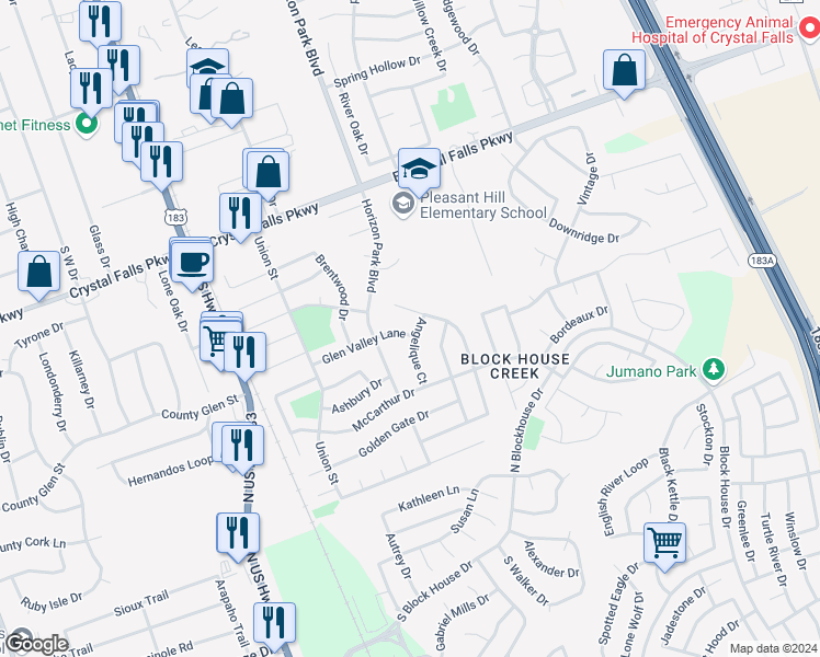 map of restaurants, bars, coffee shops, grocery stores, and more near 613 Glen Valley Lane in Leander