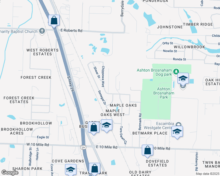 map of restaurants, bars, coffee shops, grocery stores, and more near 10516 Wilderness Lane in Pensacola