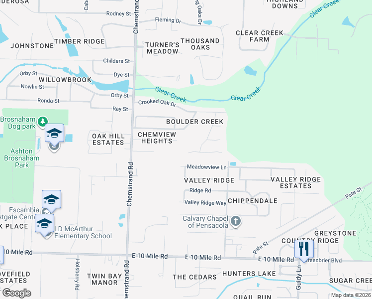 map of restaurants, bars, coffee shops, grocery stores, and more near 821 Shadow Ridge Drive in Pensacola