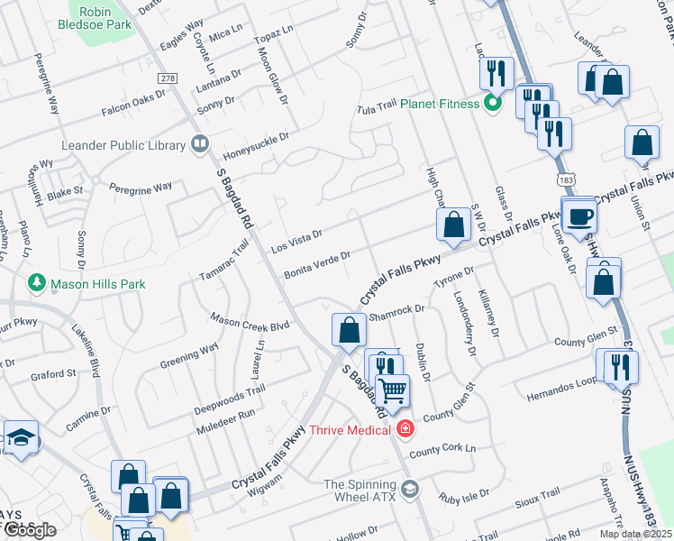 map of restaurants, bars, coffee shops, grocery stores, and more near 1605 Carto Street in Leander